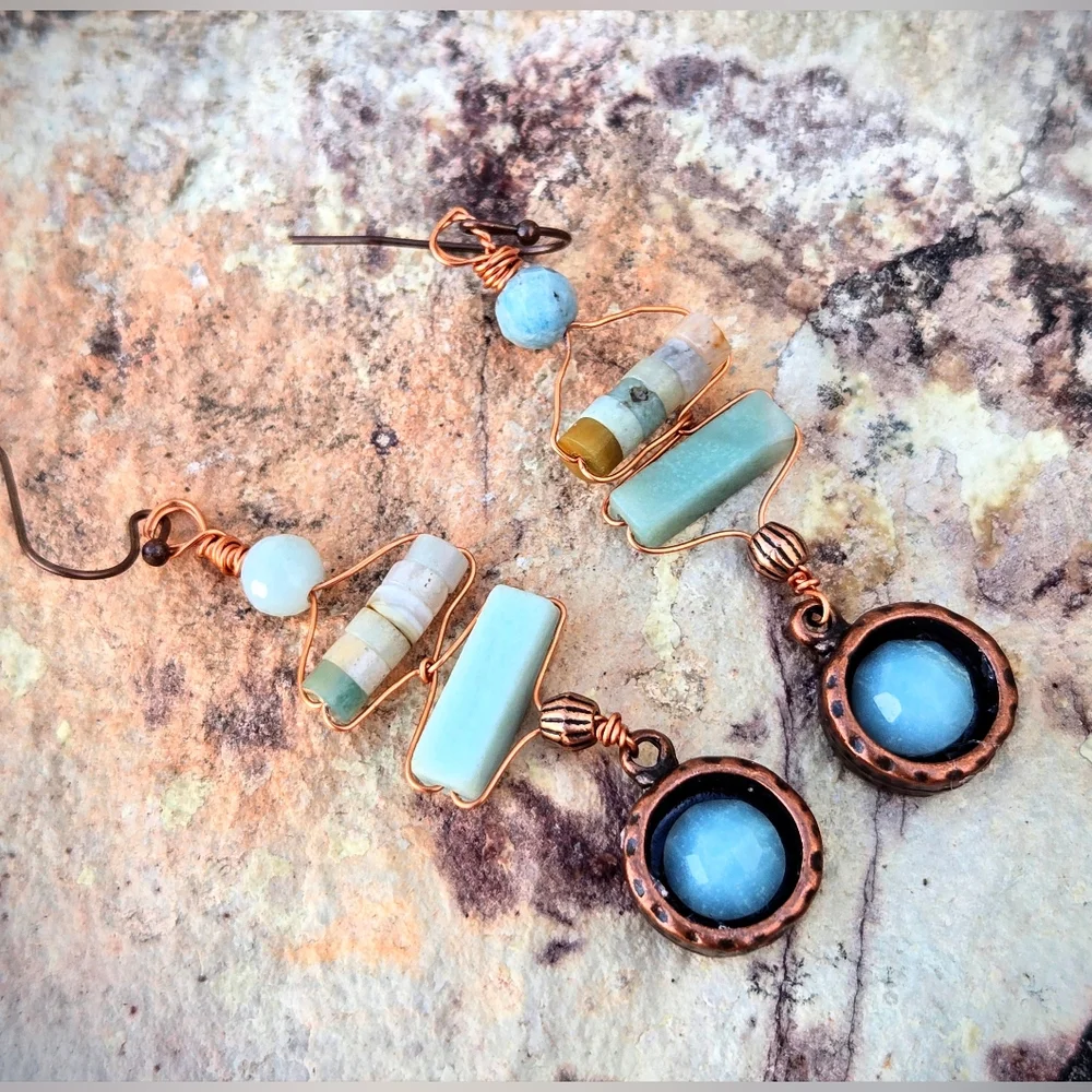Natural Amazonite In The Scythian Spirit Set In Antique Copper Artifact Earrings - Picture 3 of 11